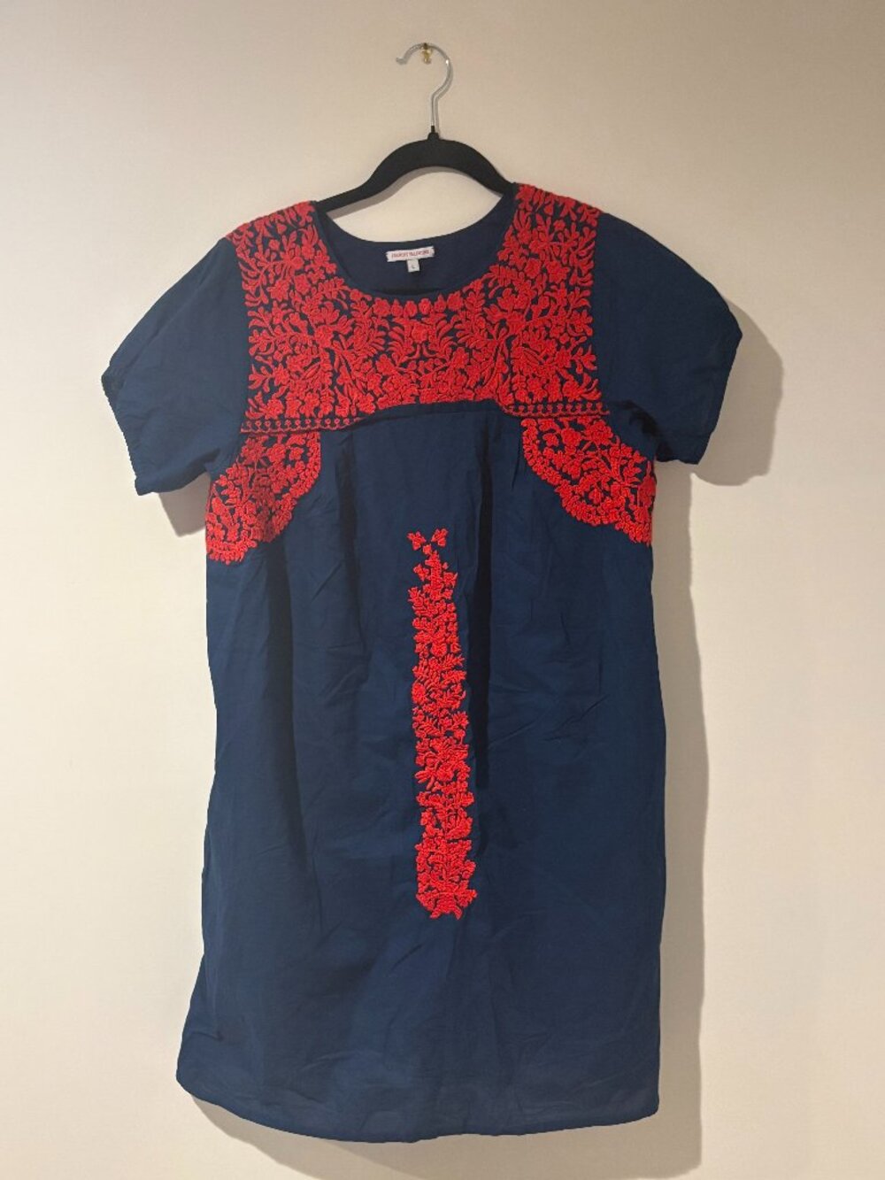 Frances Valentine Embroidered Shift Dress Red Floral Detail